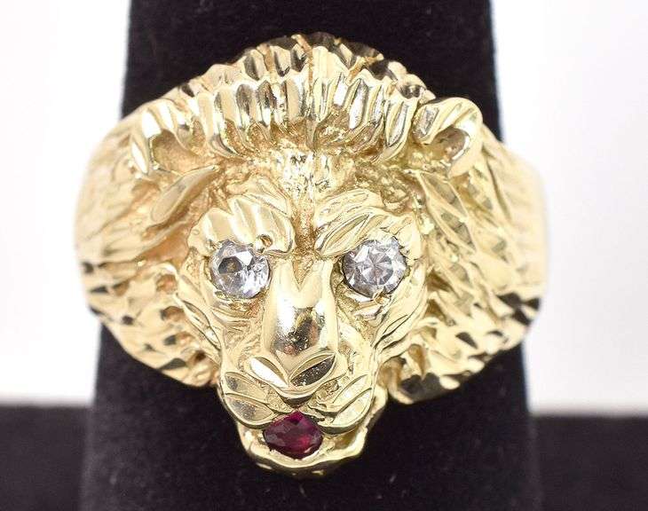 Mighty 14K Yellow Gold Lion Ring with Ruby and Diamond Gemstones