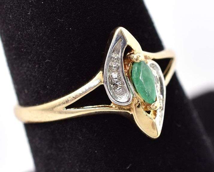 Perfect 10K Yellow Gold Emerald and Diamond Gemstone Ring