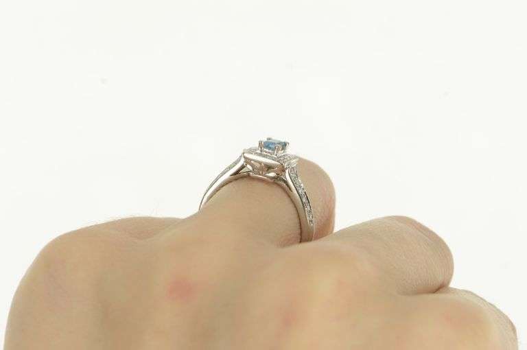 14K White Gold Emerald Cut Blue Topaz Diamond Halo Ring