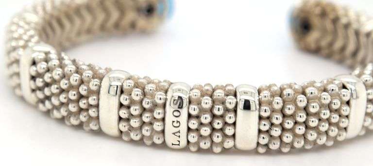 925 Sterling silver Lagos Caviar Blue topaz cuff bracelet