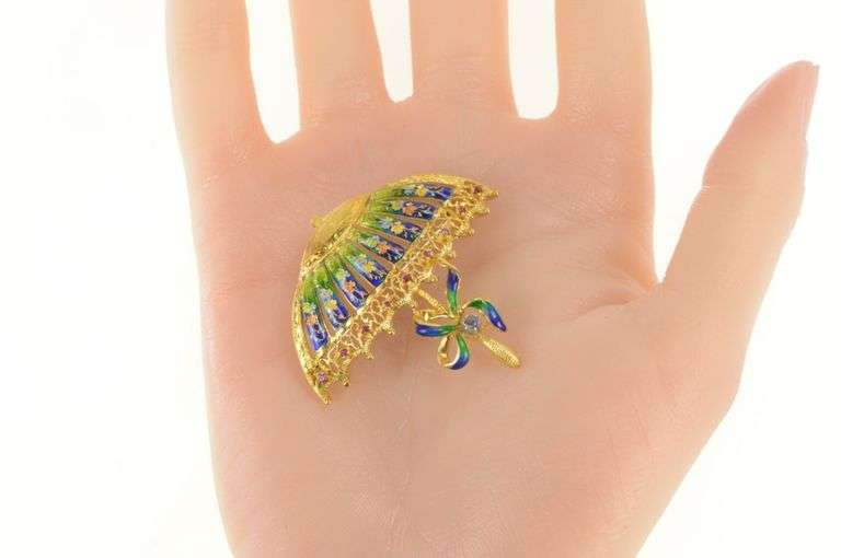 18K Yellow Gold Ruby Sapphire Enamel Parasol Umbrella Pin/Brooch