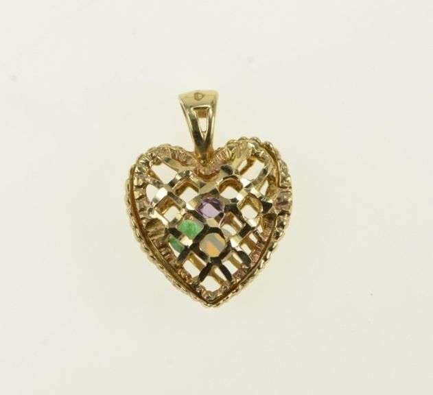 10K Yellow Gold Emerald Opal Amethyst Filigree Heart Love Pendant