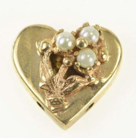 14K Yellow Gold Pearl Bouquet Heart Slide Bracelet Charm/Pendant