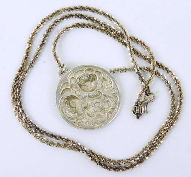 Vintage Sterling Repousse Flower Pendant & Chain