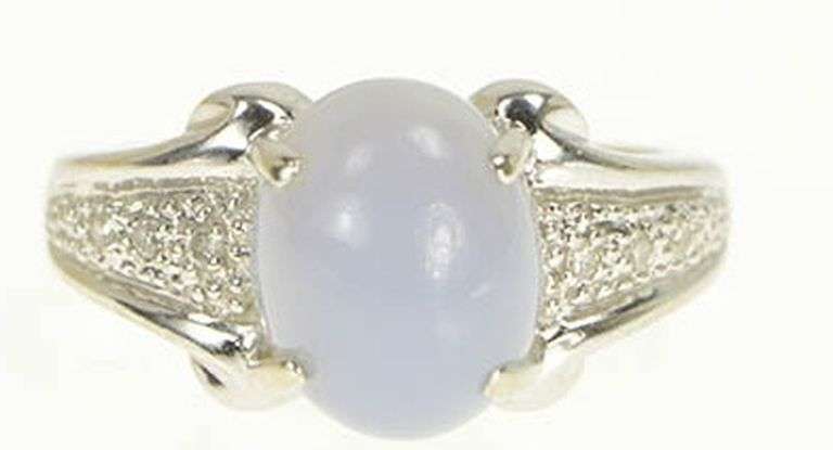 14K White Gold Blue Agate Diamond Cabochon Statement Ring