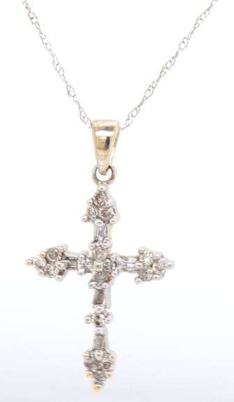 2 Tone diamond accent cross pendant on white gold chain necklace