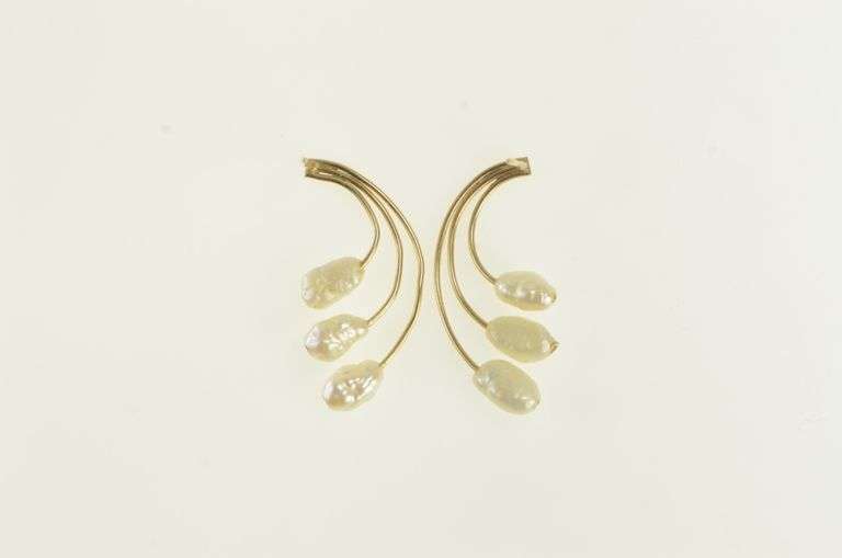 14K Yellow Gold Curved Pearl Fringe Drop Statement Earrings