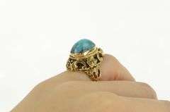 14K Yellow Gold Oval Turquoise Ornate Floral Filigree Vintage Ring