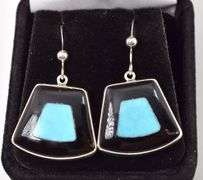 Wonderful Sterling Silver Onyx and Turquoise Dangle Earrings
