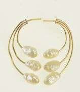 14K Yellow Gold Curved Pearl Fringe Drop Statement Earrings