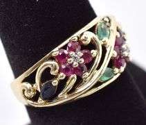 Beautiful 10K Yellow Gold Multi-Gemstone Flower Band Ring
