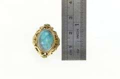 14K Yellow Gold Oval Turquoise Ornate Floral Filigree Vintage Ring
