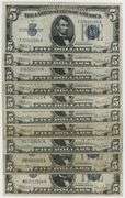 10 Nice Series of 1934 Small Size $5 Blue Seal Silver Certificates