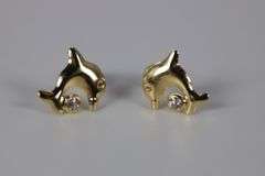 10k Yellow Gold Dolphin Stud Earrings w/ Clear CZ