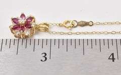 Adorable 14K Yellow Gold Flower Pendant Necklace with Ruby and Diamond Gemstones
