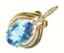 14K Yellow Gold Oval Blue Topaz Diamond Accent Elaborate Pendant
