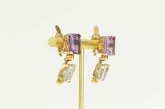 14K Yellow Gold Emerald Cut Amethyst Blue Topaz Dangle Clip Earrings