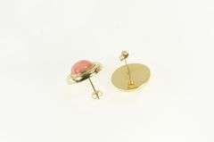 14K Yellow Gold Round Natural Coral Ornate Vintage Stud Earrings