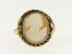 10K Yellow Gold Ornate Carved Shell Lady Cameo Statement Ring