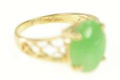 14K Yellow Gold Oval Jadeite Cabochon Scalloped Filigree Ring