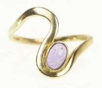 14K Yellow Gold Amethyst Cabochon Ornate Curvy Bypass Ring
