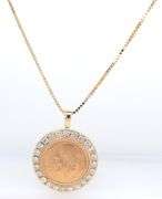 21.6K Yellow gold Mexico gold 5 coin Peso with diamond bezel pendant on Italian box chain necklace