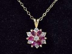 Adorable 14K Yellow Gold Flower Pendant Necklace with Ruby and Diamond Gemstones