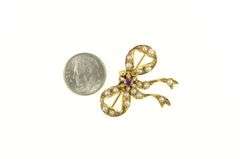 14K Yellow Gold Victorian Ruby Pearl Bow Ribbon Vintage Pin/Brooch