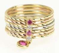 14K Yellow Gold Tri Tone CZ Syn. Ruby Layered Stacking Ring