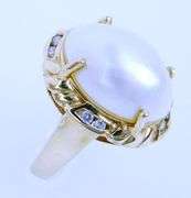 Vintage 14K Mabe Pearl & Diamonds Ring, Size 5.5
