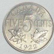 1922 Far 2 Canada 5 Cents Very Near Unc