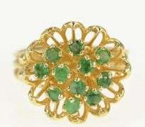 14K Yellow Gold 1960's Emerald Floral Domed Cluster Cocktail Ring