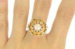 14K Yellow Gold 1950's Retro Pearl CZ Cocktail Halo Cluster Ring