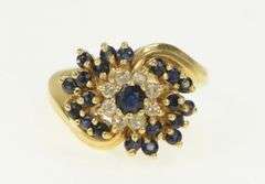 14K Yellow Gold Sapphire Diamond Swirl Cluster Vintage Ring