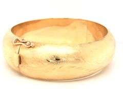 14kt Yellow gold Brushed finish wide floral bangle bracelet