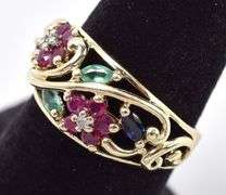 Beautiful 10K Yellow Gold Multi-Gemstone Flower Band Ring
