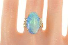 14K Yellow Gold Large Natural Opal Diamond Accent Cocktail Ring