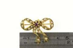 14K Yellow Gold Victorian Ruby Pearl Bow Ribbon Vintage Pin/Brooch