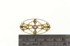 10K Yellow Gold Victorian Amethyst Seed Pearl Filigree Pin/Brooch