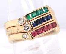 14kt Yellow gold Emerald, Sapphire and diamond stackable 3 rings