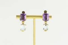 14K Yellow Gold Emerald Cut Amethyst Blue Topaz Dangle Clip Earrings