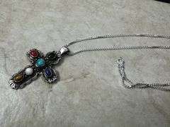 Sterling Silver Polished Black Agate Turquoise Abalone Pendant Cross Charm 925