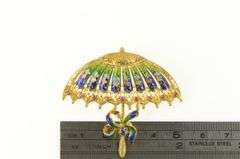 18K Yellow Gold Ruby Sapphire Enamel Parasol Umbrella Pin/Brooch
