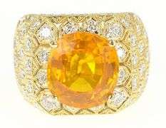 18K Yellow Gold 6.00Ctw Orange Sapphire Diamond Honeycomb Ring