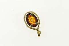 14K Yellow Gold Vintage Ornate Carved Rose Flower Glass Pendant