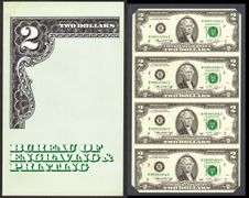 $2 1976 Uncut sheet of 4 notes in original BEP holder with Envelope