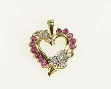 10K Yellow Gold Natural Ruby Diamond Floral Heart Classic Pendant