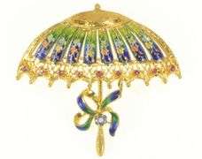 18K Yellow Gold Ruby Sapphire Enamel Parasol Umbrella Pin/Brooch