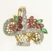 14K Yellow Gold Diamond Ruby Emerald Bouquet Basket Pendant/Pin