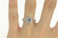 14K White Gold Emerald Cut Blue Topaz Diamond Halo Ring